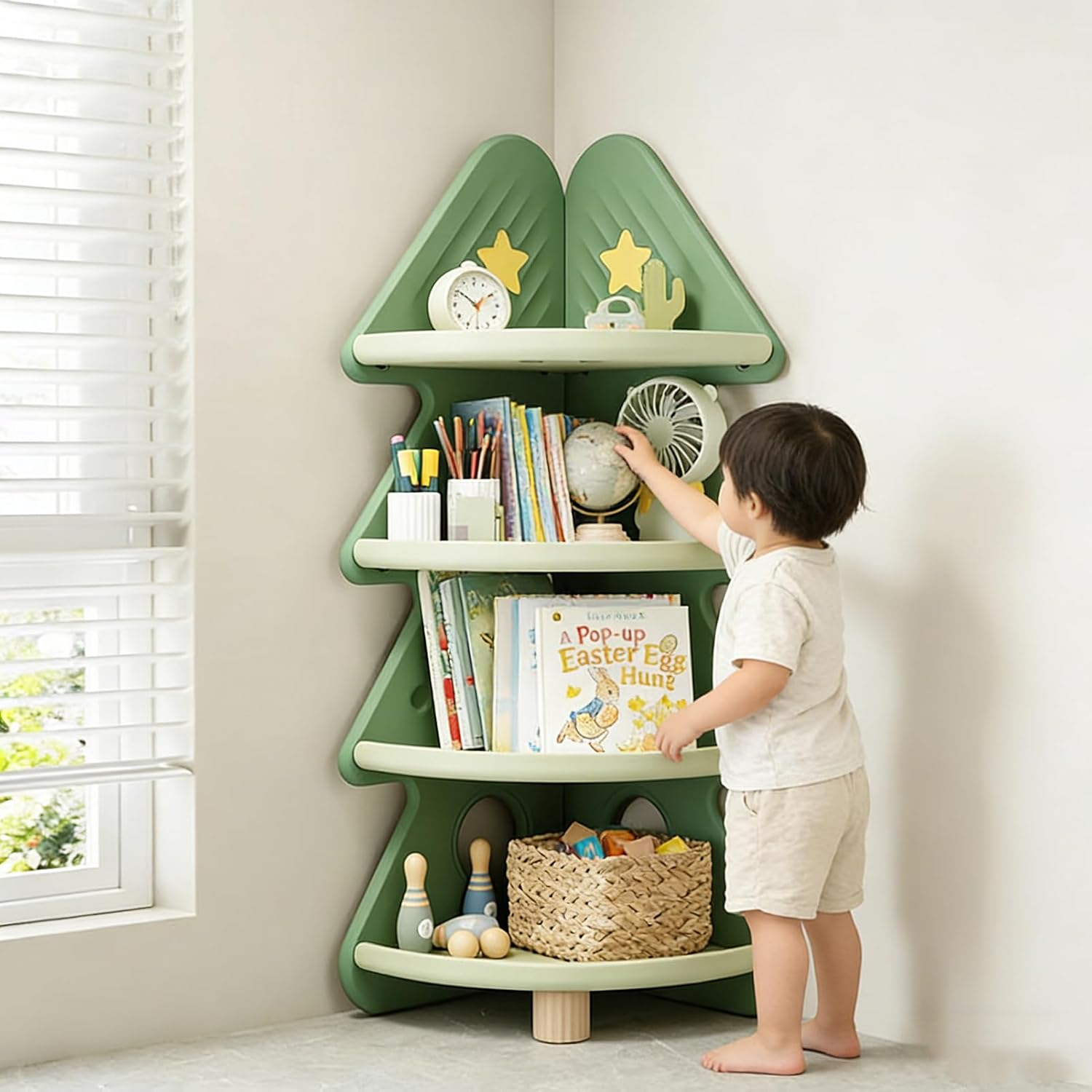 Montessori Shelf Toy - 4-laags hoekboekenplank speelgoedopbergorganizer boomvormige boekenkast Montessori